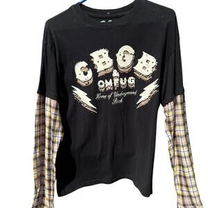 CBGB OMFUG punk rock long plaid sleeves black shirt Size Small